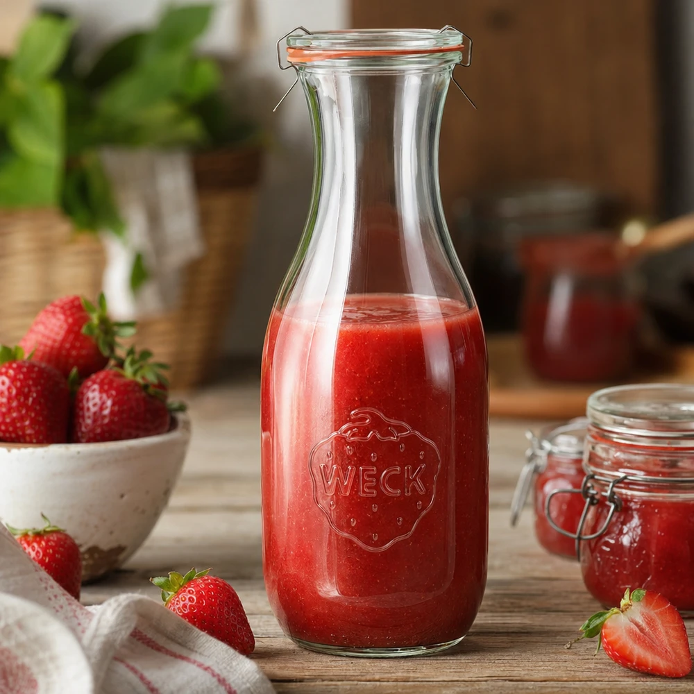 Butelka na sok WECK 1062ml RR60 wypełniona sokiem z czerwonych truskawek zaaranżowana dekoracyjnie w kuchni ze świeżymi truskawkami