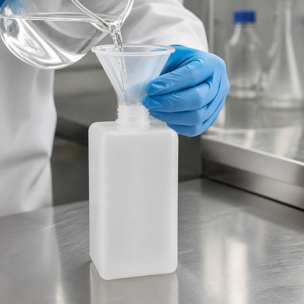 Laborant przelewa przezroczysty płyn za pomocą szklanego lejka do butelki na chemikalia z polietylenu wysokogęstościowego (PE-HD) o pojemności 1500 ml, z wąską szyjką, w kolorze naturalnym