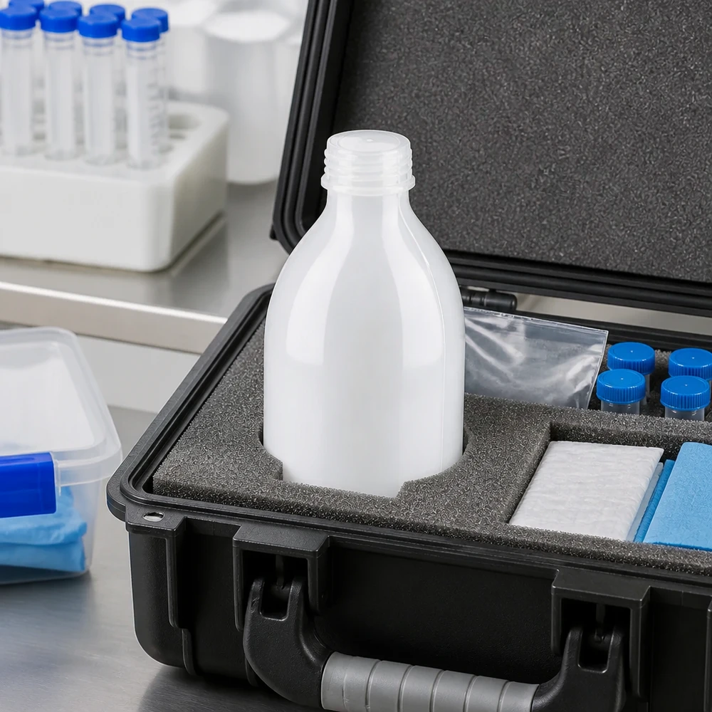 Butelka laboratoryjna 250 ml z wąską szyjką bez zakrętki Butelka laboratoryjna o wąskiej szyjce o pojemności 250 ml, bez zamknięcia, przechowywana w walizce transportowej z wkładką z pianki