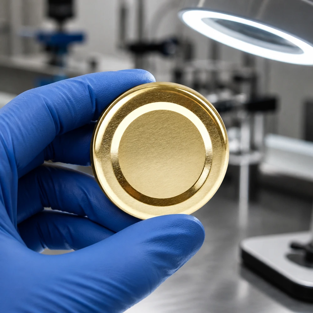 Zdjęcie laboratoryjne złotej pokrywki BasicSeal 48 mm TO48 UniTwist pod oświetleniem pierścieniowym