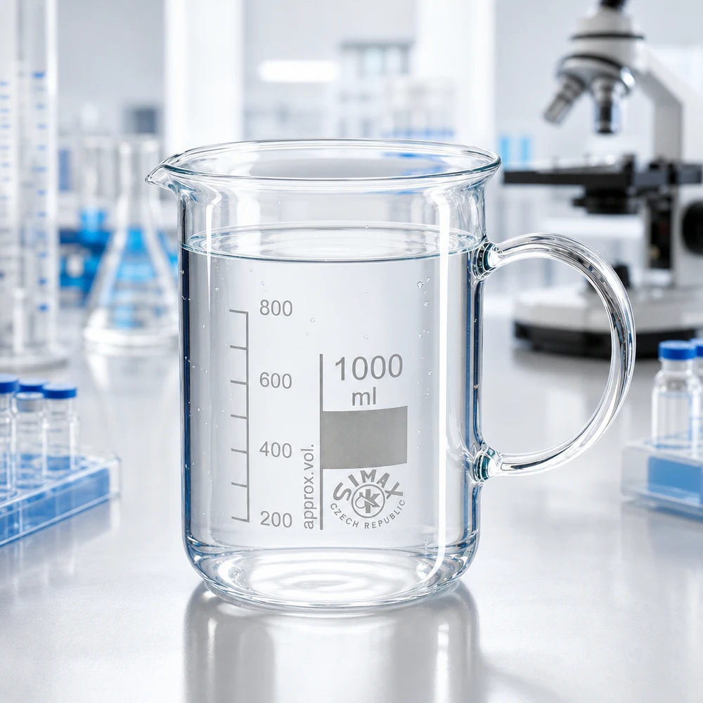 Zlewka 1000 ml ze szkła borokrzemowego, z uchwytem Przezroczysta szklanka o pojemności 1000 ml z szklanym uchwytem, napełniona wodą, stojąca na białym blacie laboratoryjnym