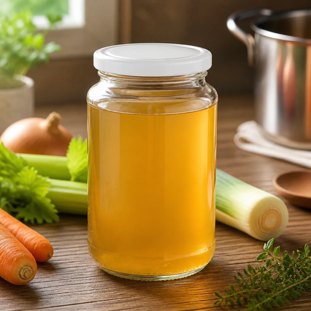 Okrągła szklanka 320 ml + BasicSeal biała UNiTWIST Okrągła szklanka UNiTWIST o pojemności 320 ml z uszczelnieniem BasicSeal, wypełniona złotym bulionem i otoczona świeżymi warzywami