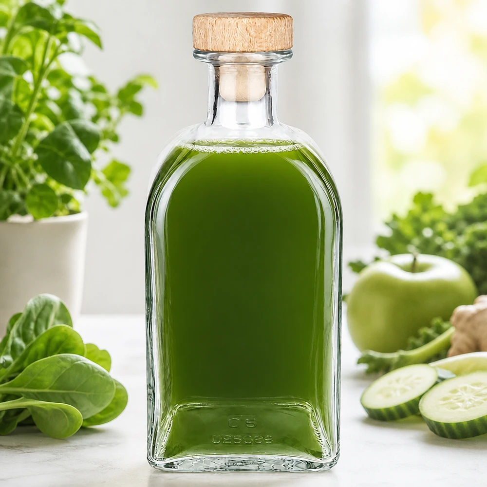 500 ml szklana butelka Julia z drewnianym korkiem wypełniona zielonym smoothie otoczonym świeżymi warzywami i ziołami