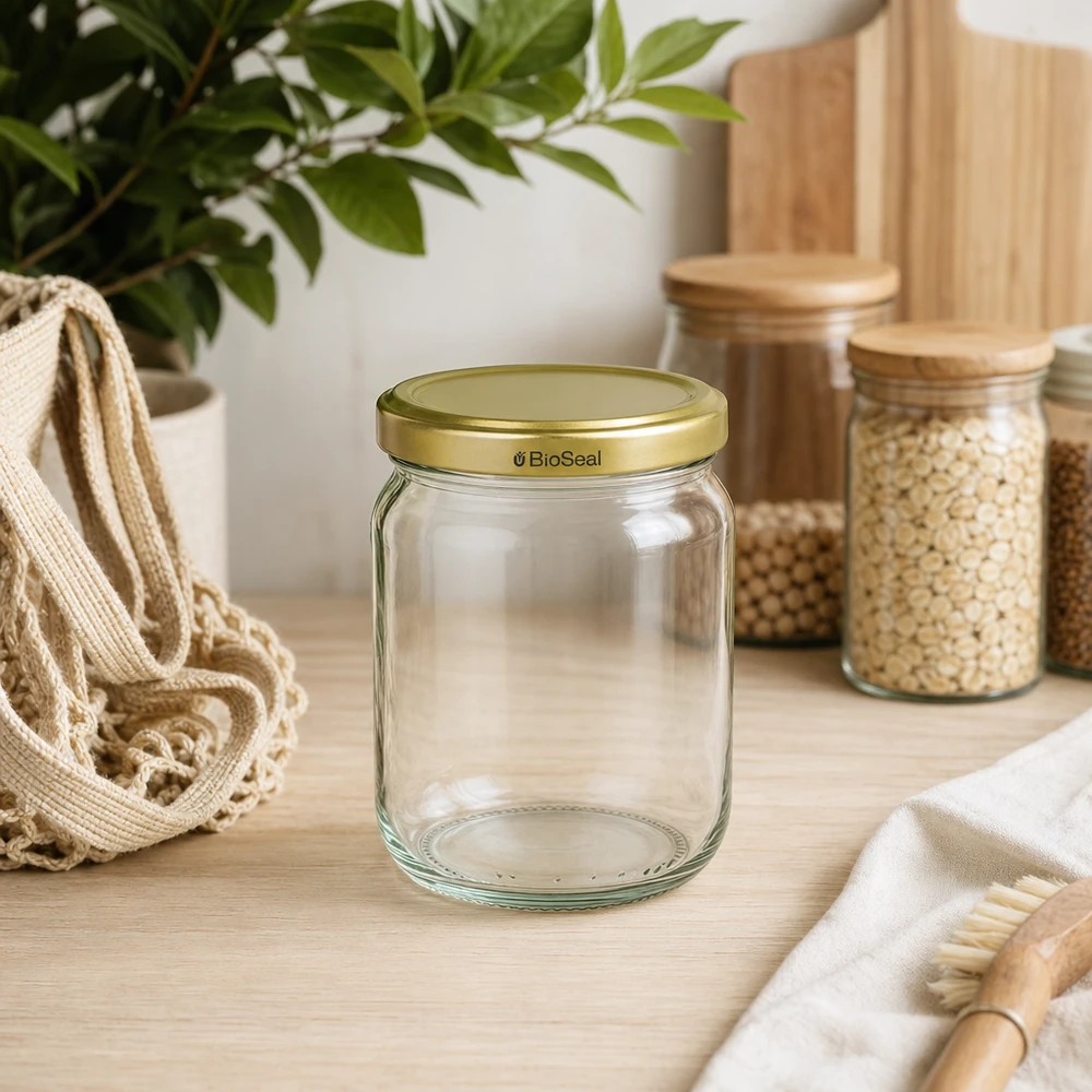 500g Honigglas mit goldenem Deckel BioSeal UNiTWIST Pusty słoik miodu BioSeal 500 g w zrównoważonej kuchni ze słoikami do przechowywania i naturalnymi materiałami na drewnianym blacie kuchennym