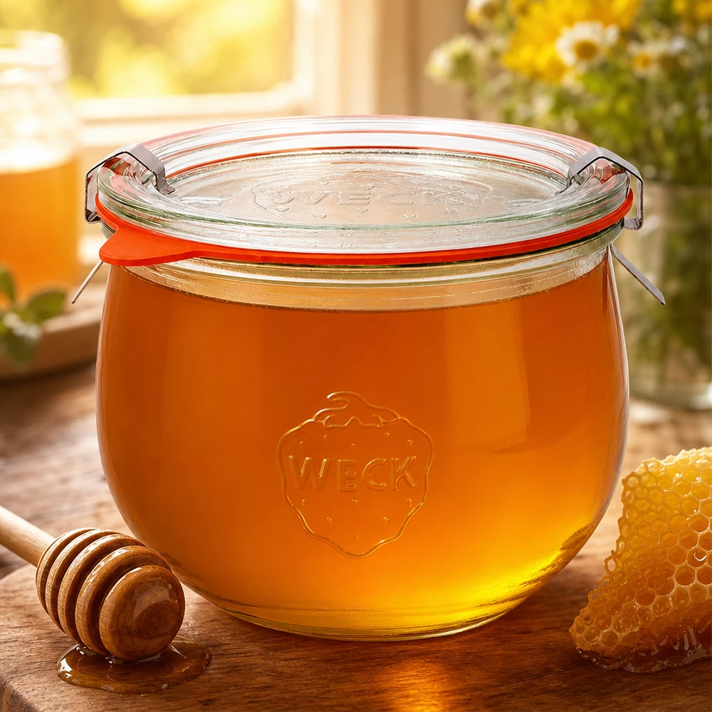 Słoik tulipan 580ml kompletny WECK RR100 WECK tulipan słoik 580ml RR100 wypełniony złotym miodem obok łyżki miodu i plastra miodu jako naturalny słodki schowek