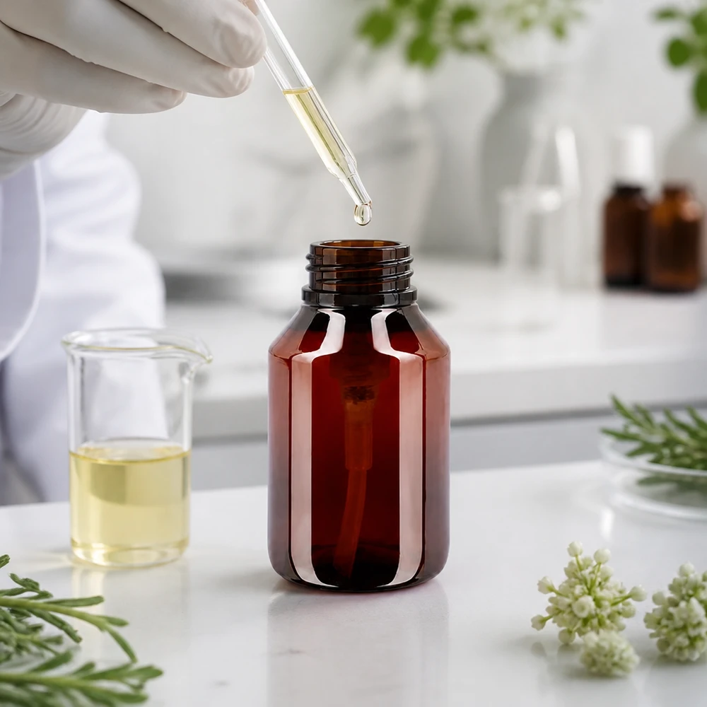 Bernsteinfarbene 50ml PET Apothekerflasche mit weisser Dosierpumpe für flüssige Kosmetikprodukte