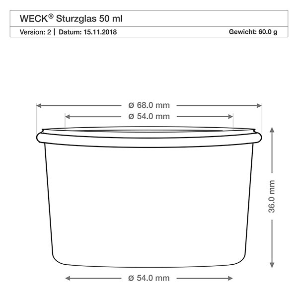 Zestaw 12 słoików Weck 50 ml słoiki z pokrywkami Kubki WECK 50ml RR60 rysunek techniczny z wymiarami - średnica 68mm, wysokość 36mm do słoików konserwujących