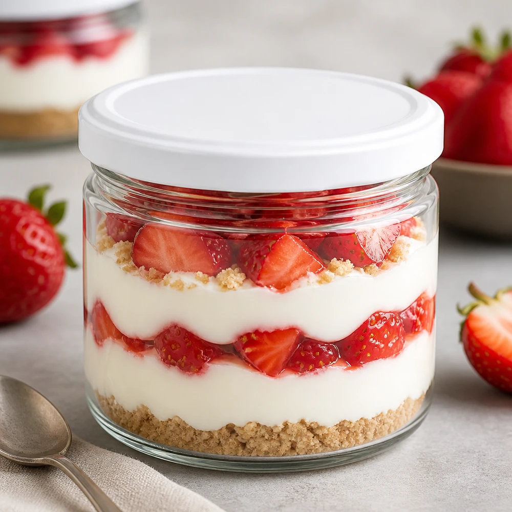 Słoik okrągły 540 ml z pokrywką BasicSeal biała UNiTWIST 540 ml BasicSeal biały okrągły kieliszek do deserów z truskawkowym tiramisu - stylowy kieliszek do porcjowania deserów