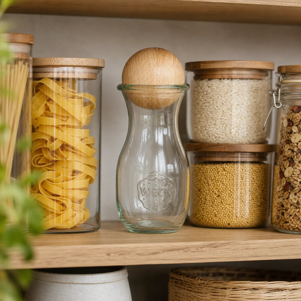 Butelka na sok 290 ml WECK RR60 z drewnianą kulką buk Szklana butelka WECK 290ml RR60 z bukową kulką w uporządkowanej spiżarni między słoikami na makaron i pojemnikami do przechowywania