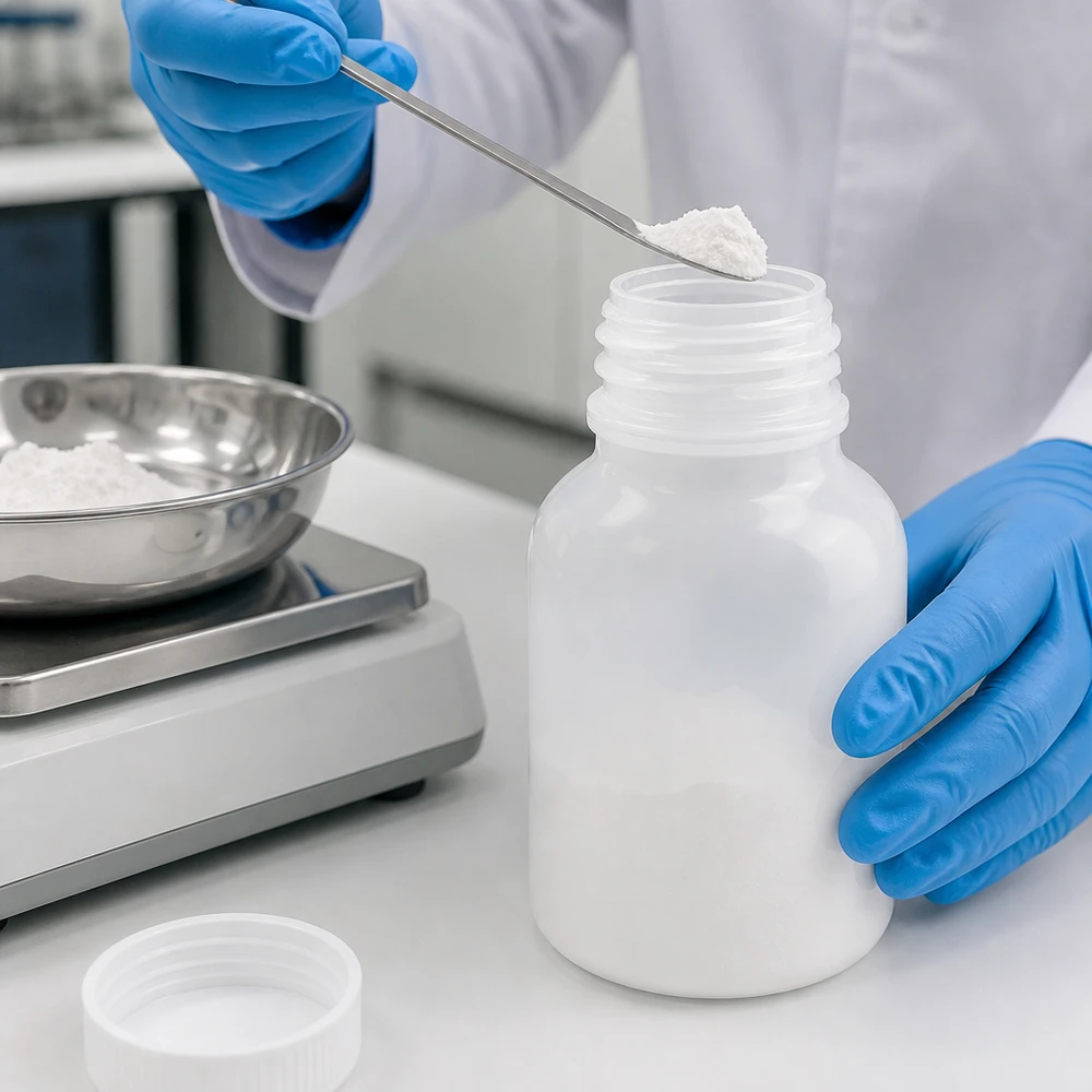 Butelka laboratoryjna 100 ml z szeroką szyjką bez zakrętki Biały plastikowy pojemnik o szerokiej szyjce, pojemność 100 ml, z szerokim otworem ułatwiającym napełnianie proszkiem