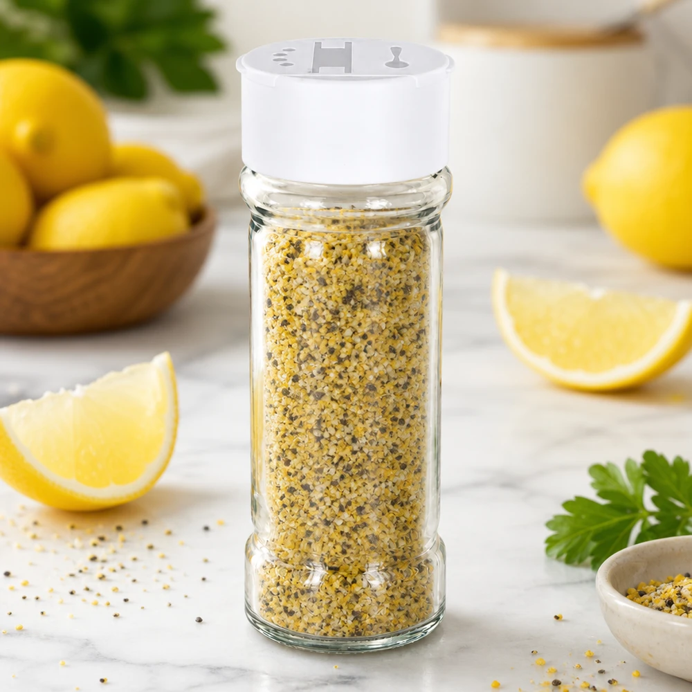 Słoik na sól/przyprawy 100 ml z podwójną dozownicą, biały Słoik na przyprawy o pojemności 100 ml z białą podwójną solniczką, wypełniony pieprzem cytrynowym, obok świeżych cytryn