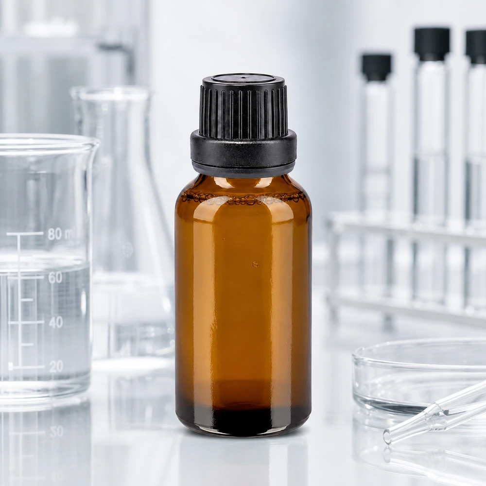 Butelka apteczna o pojemności 20 ml, z brązowego szkła, z czarną zakraplaczem 11 mm, przeznaczona dla laboratoriów i farmacji
