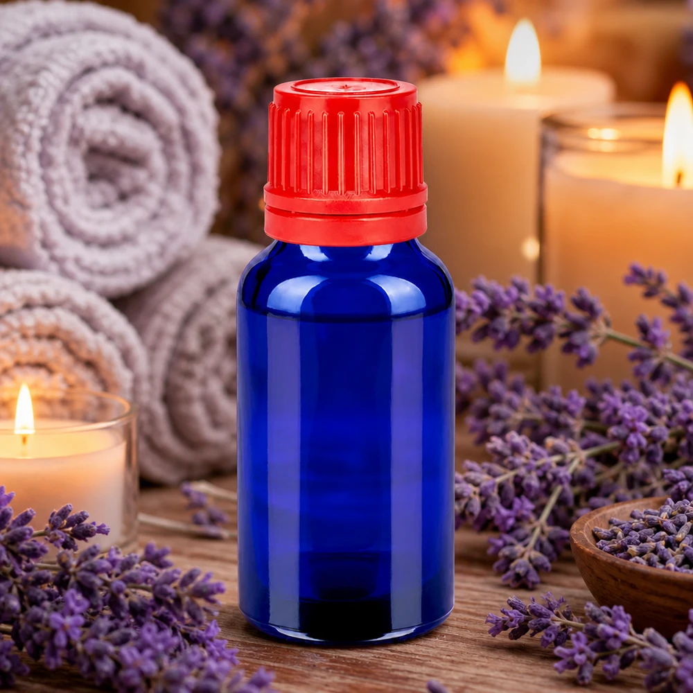 Butelka 20 ml 11 mm SV czerwony OV BlueLine UT18/20 Szklana butelka 20 ml w kolorze niebieskim z czerwoną nakrętką do aromaterapii i odnowy biologicznej