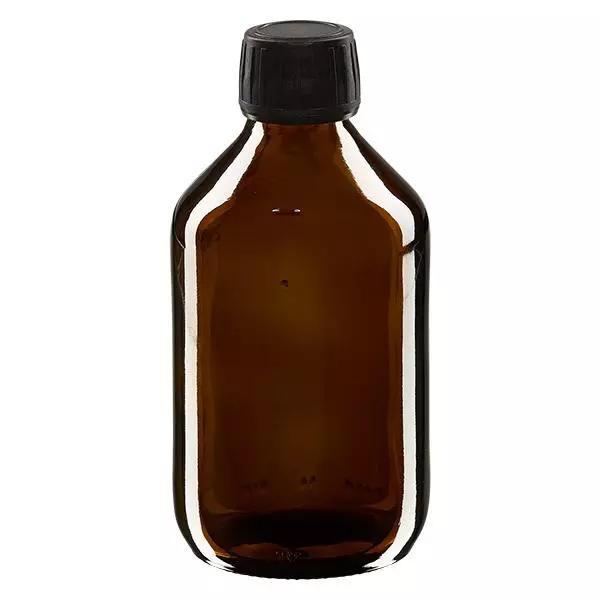 Butelka na lek 250 ml brązowa, czarna zakrętka z pierścieniem zabezpieczającym ApoGlas. Farmaceutyczna jakość produkcji UE. Gwint 28 mm (PP28). (syrop, butelka z lekkiego szkła) Butelka na lek 250 ml brązowa, czarna zakrętka z pierścieniem zabezpieczającym ApoGlas. Farmaceutyczna jakość produkcji UE. Gwint 28 mm (PP28). (syrop, butelka z lekkiego szkła)