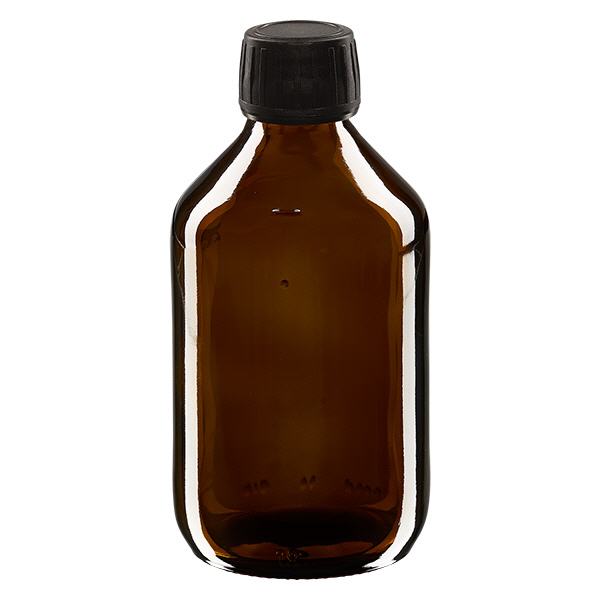 Butelka na lek 250 ml br&#261;zowa, czarna zakr&#281;tka z pier&#347;cieniem zabezpieczaj&#261;cym ApoGlas. Farmaceutyczna jako&#347;&#263; produkcji UE. Gwint 28 mm (PP28). (syrop, butelka z lekkiego szk&#322;a)