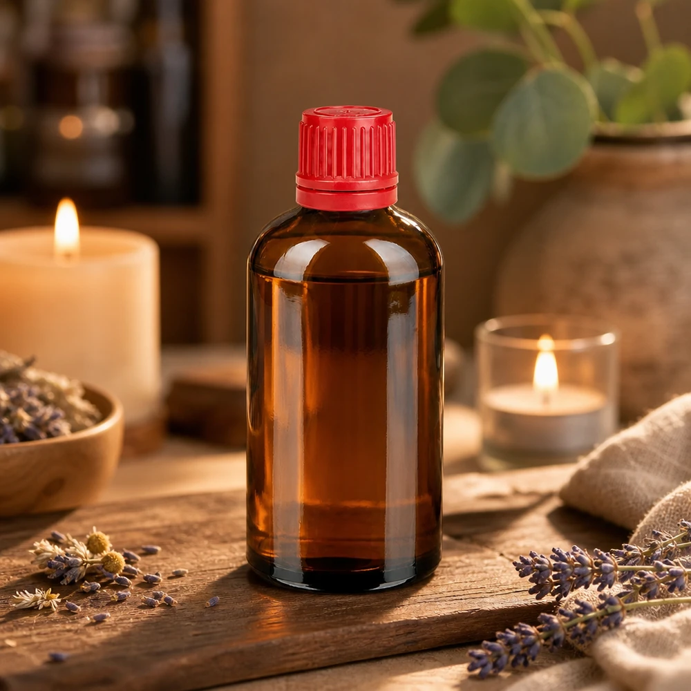 100 ml szklana butelka BrownLine z ochroną UV i czerwoną nasadką zabezpieczającą do aromaterapii