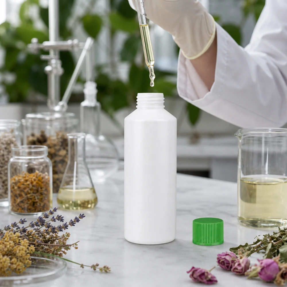Butelka apteczna 100 ml z HDPE, biała, z zieloną zakrętką, wśród ziół i sprzętu laboratoryjnego