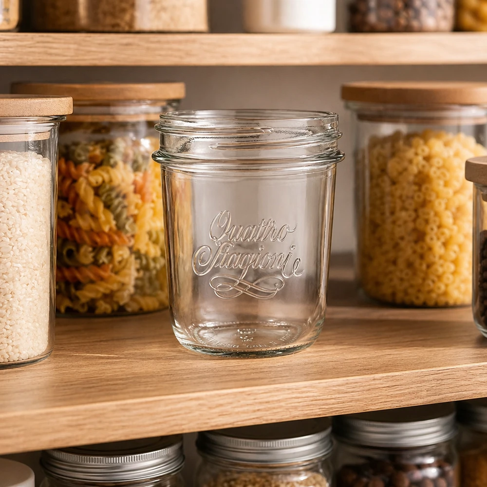 Kubki "Quattro Stagioni" o pojemności 320 ml QS86 mm 320ml Quattro Stagioni Sturzglas mit elegantem Logo auf Holzregal zwischen gefüllten Vorratsgläsern für Küche und Pantry