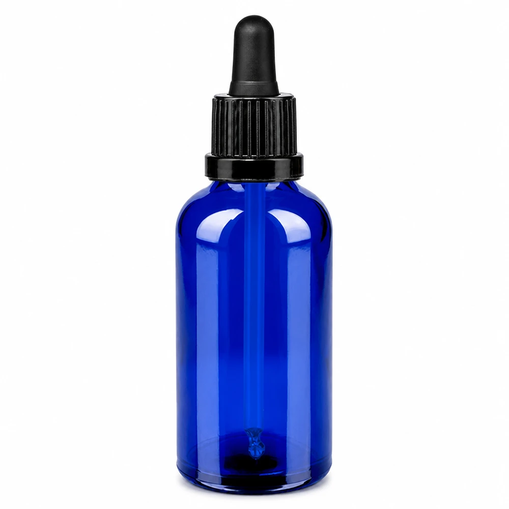 Butelka z pipetą 50 ml czarna OV BlueLine UT18/50 - niebieska szklana butelka z czarną nasadką na pipetę