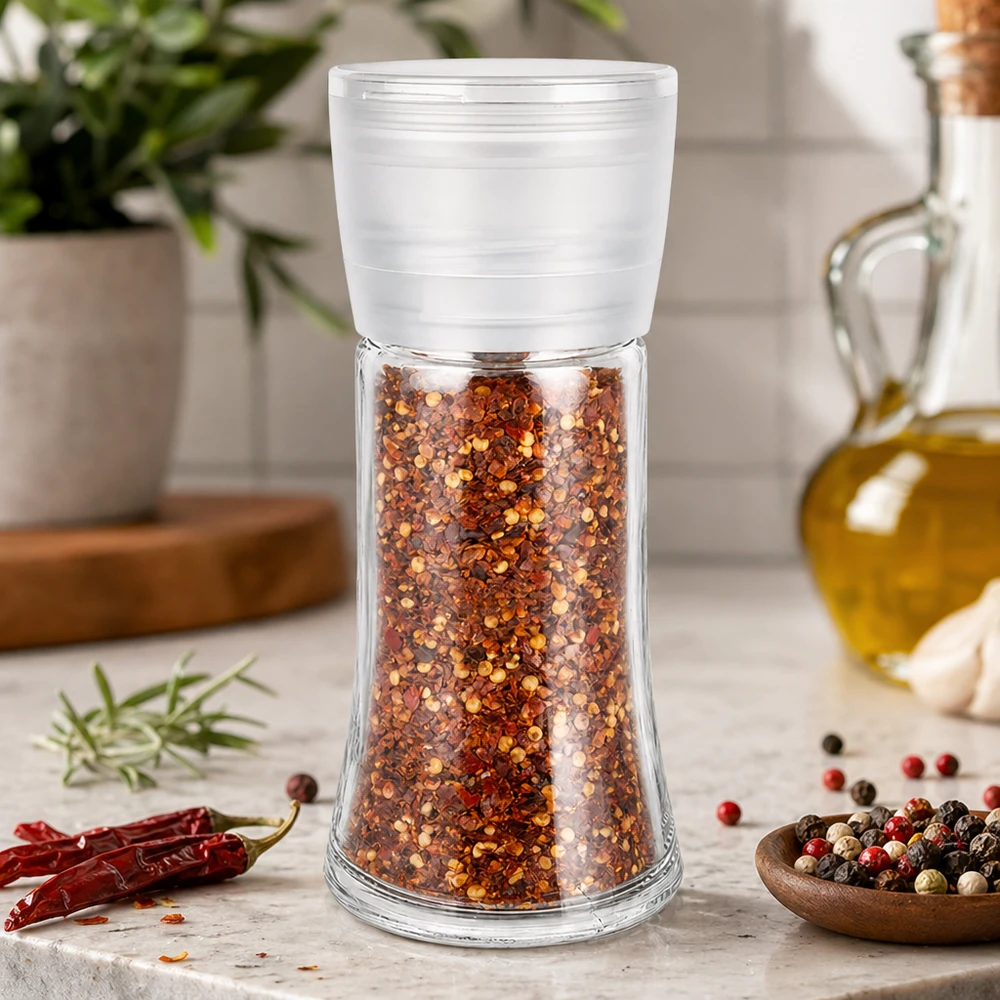 Słoik na sól/przyprawy 95 ml z młynkiem Vario, biały Słoik na przyprawy o pojemności 95 ml z białym młynkiem, wypełniony czerwonymi płatkami chili, na marmurowej podstawce
