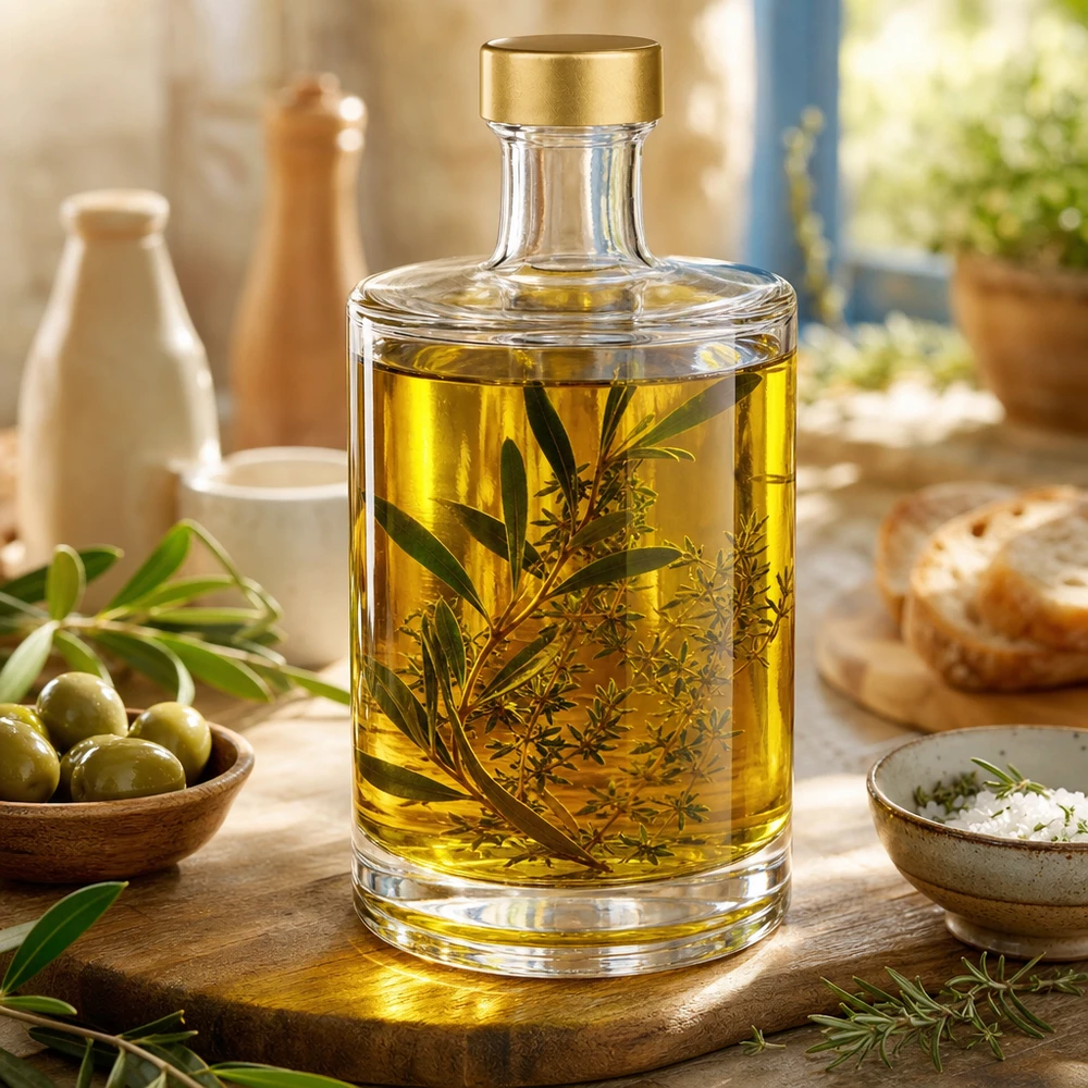 Butelka szklana 500 ml Sam + zakrętka UNiTWIST® 500ml Glasflasche Sam mit Olivenöl und Kräutern befüllt goldener UNiTWIST Verschluss mediterrane Küche Oliven Salz