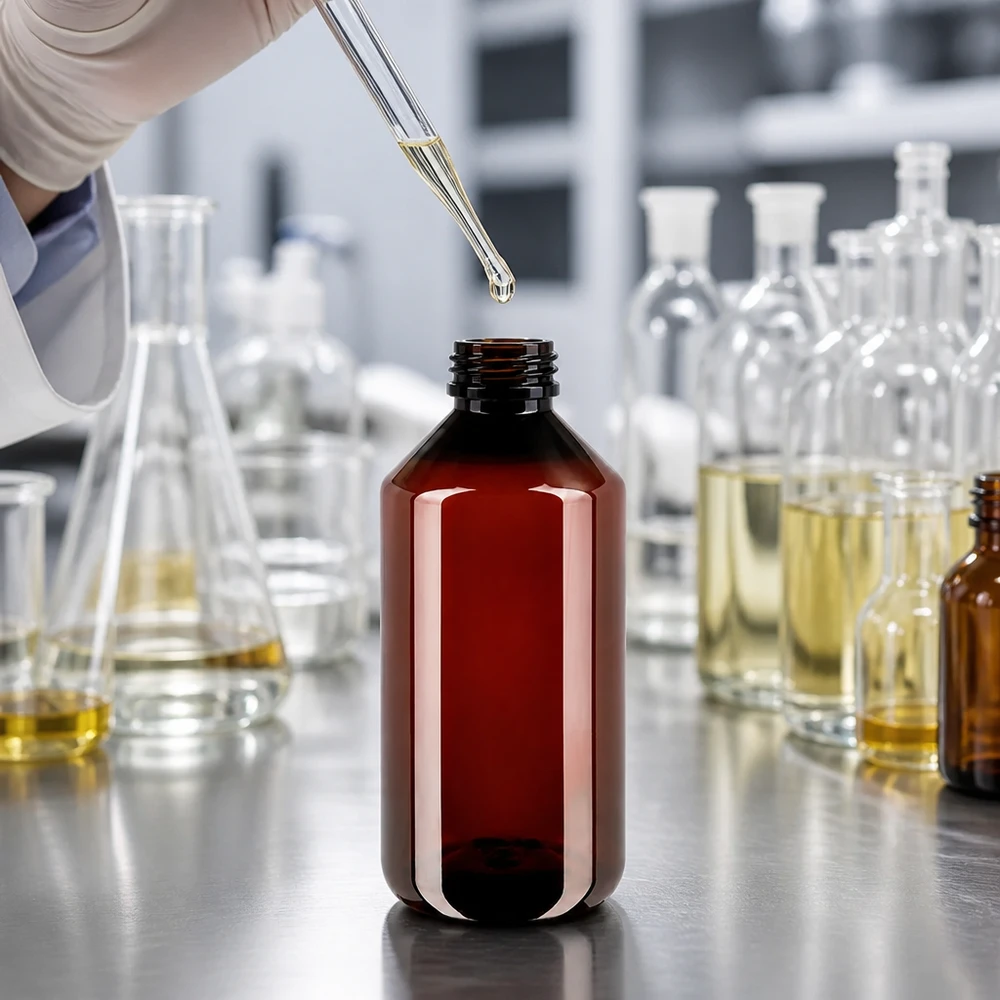 Brązowa butelka PET o pojemności 750 ml z zielonym zamknięciem OV, przeznaczona do bezpiecznego przechowywania płynów laboratoryjnych