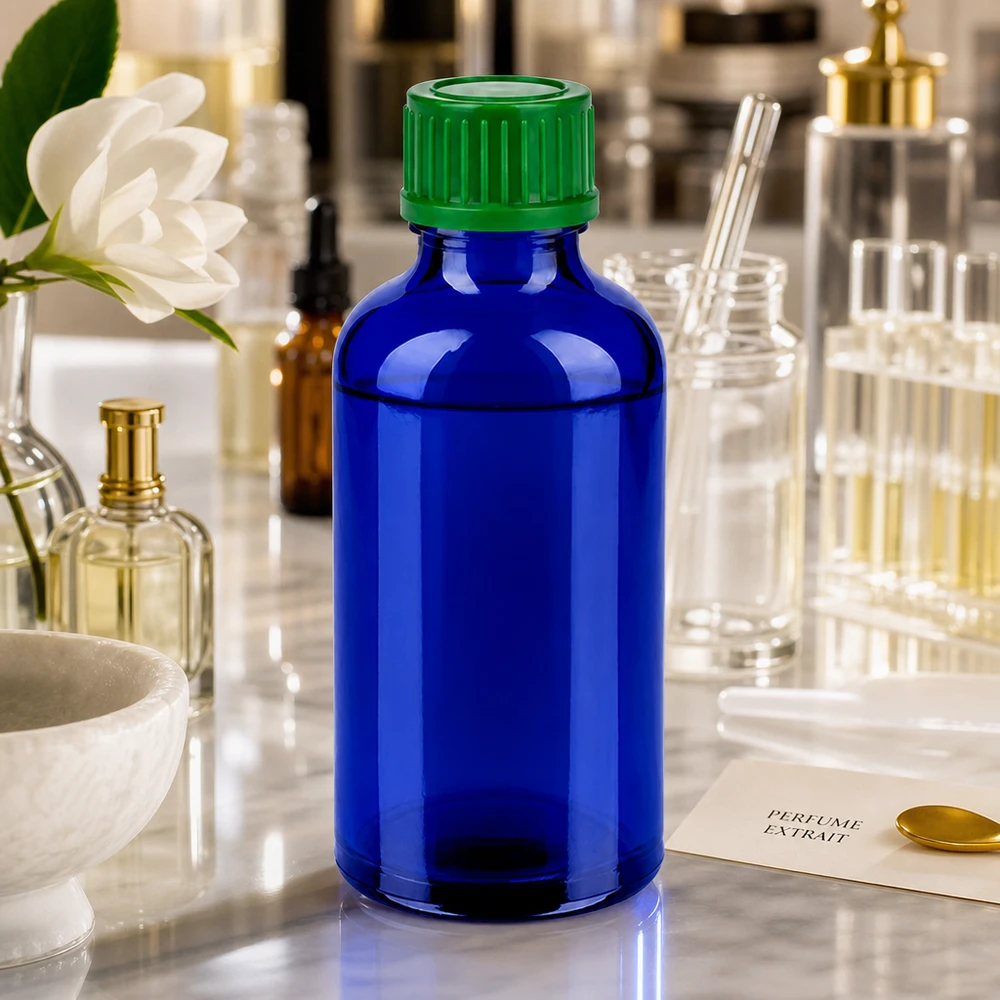 Butelka 50 ml 11 mm SV zielony STD BlueLine UT18/50 Niebieska szklana butelka o pojemności 50 ml z zakrętką 11 mm do precyzyjnego dozowania esencji i nalewek