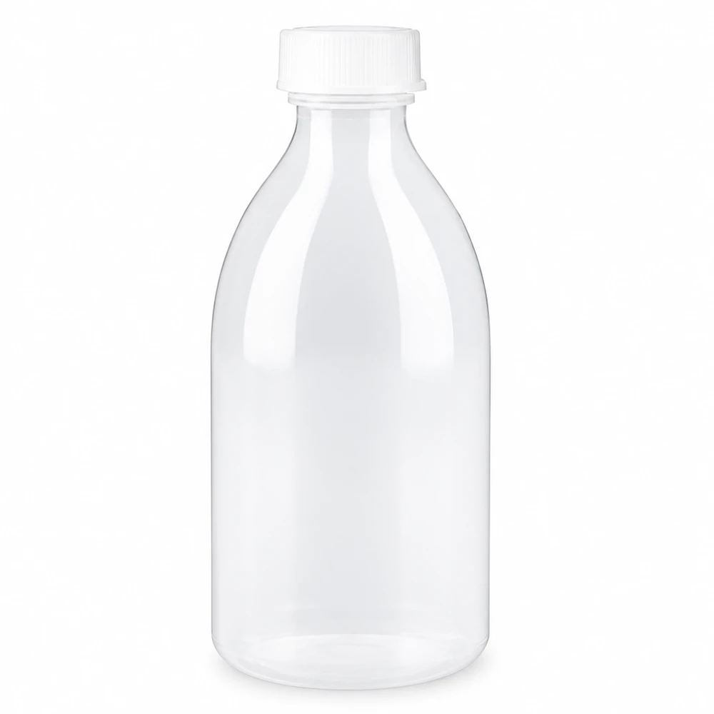 Przezroczysta butelka z zakrętką o pojemności 250 ml z białą nakrętką, przeznaczona do zastosowań laboratoryjnych i naukowych