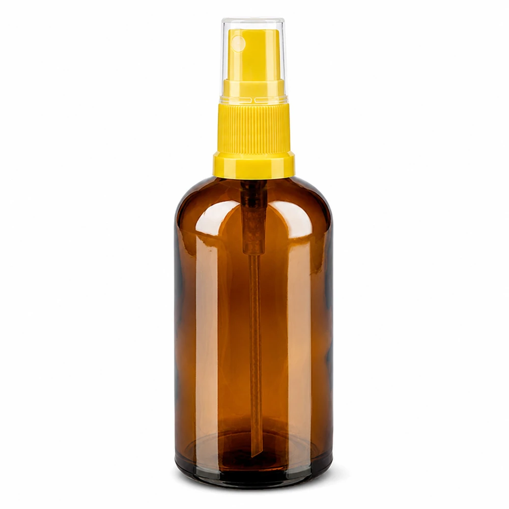 Butelka z rozpylaczem 100 ml brązowa przezroczysta z żółtą głowicą rozpylającą do kosmetyków i produktów pielęgnacyjnych