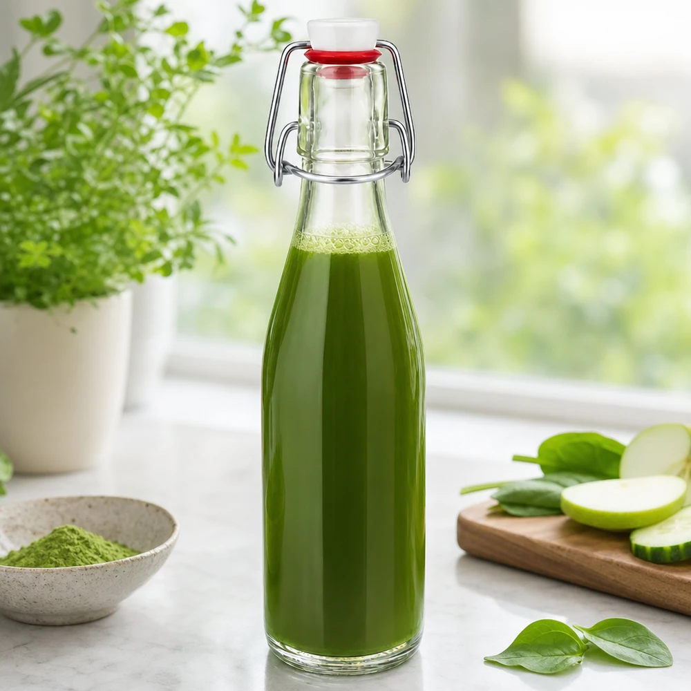 Szklana butelka 250 ml i zamknięcie z uchwytem porcelanowym UNiTWIST 250ml Glasflasche mit Bügelverschluss gefüllt mit grünem Smoothie, dekoriert mit frischen Kräutern und Gemüse