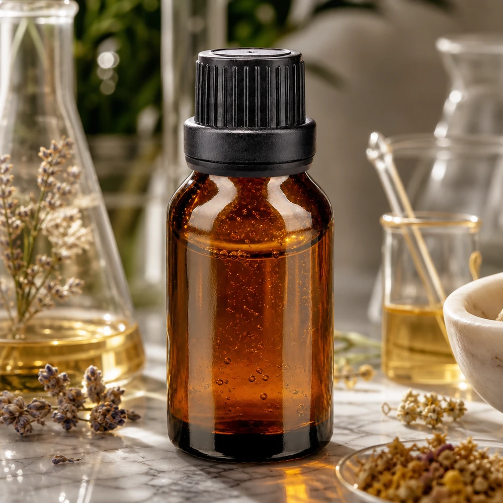 Butelka apteczna brązowa 30ml zakrętka czarna szczelna OV Brązowa szklana buteleczka o pojemności 30 ml z czarną zakrętką, umieszczona wśród suszonych kwiatów i moździerza