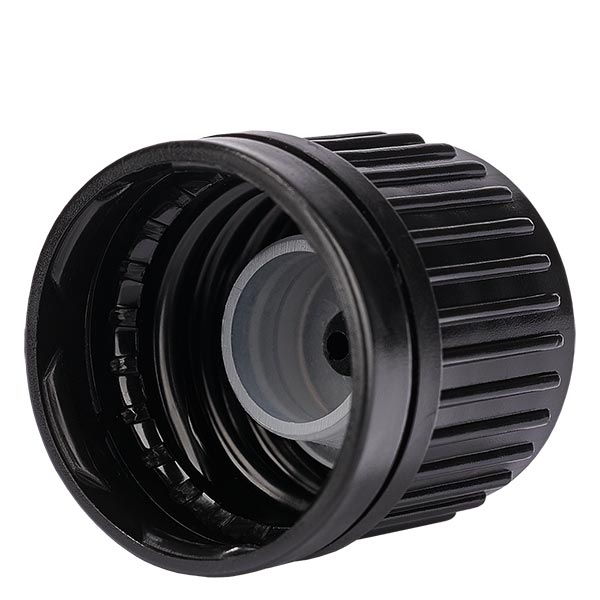 Zakr&#281;tka czarna (DIN18, UT18) z 3 mm pier&#347;cieniem zabezpieczaj&#261;cym przed otwarciem. Do butelek farmaceutycznych ApoGlas&#174;, UNiTWIST&#174; i Miron&#174; 5-100 ml z gwintem 18 mm.