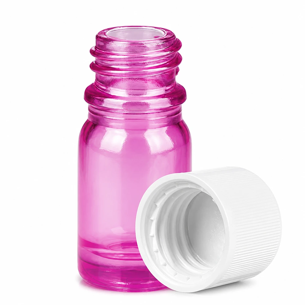Butelka 5 ml z zakrętką 11 mm biała, standardowa, zabezpieczona przed dziećmi butelka PurpleLine UT18/5 Mała fioletowa szklana buteleczka 5 ml z gwintem i białą nakrętką na olejki eteryczne