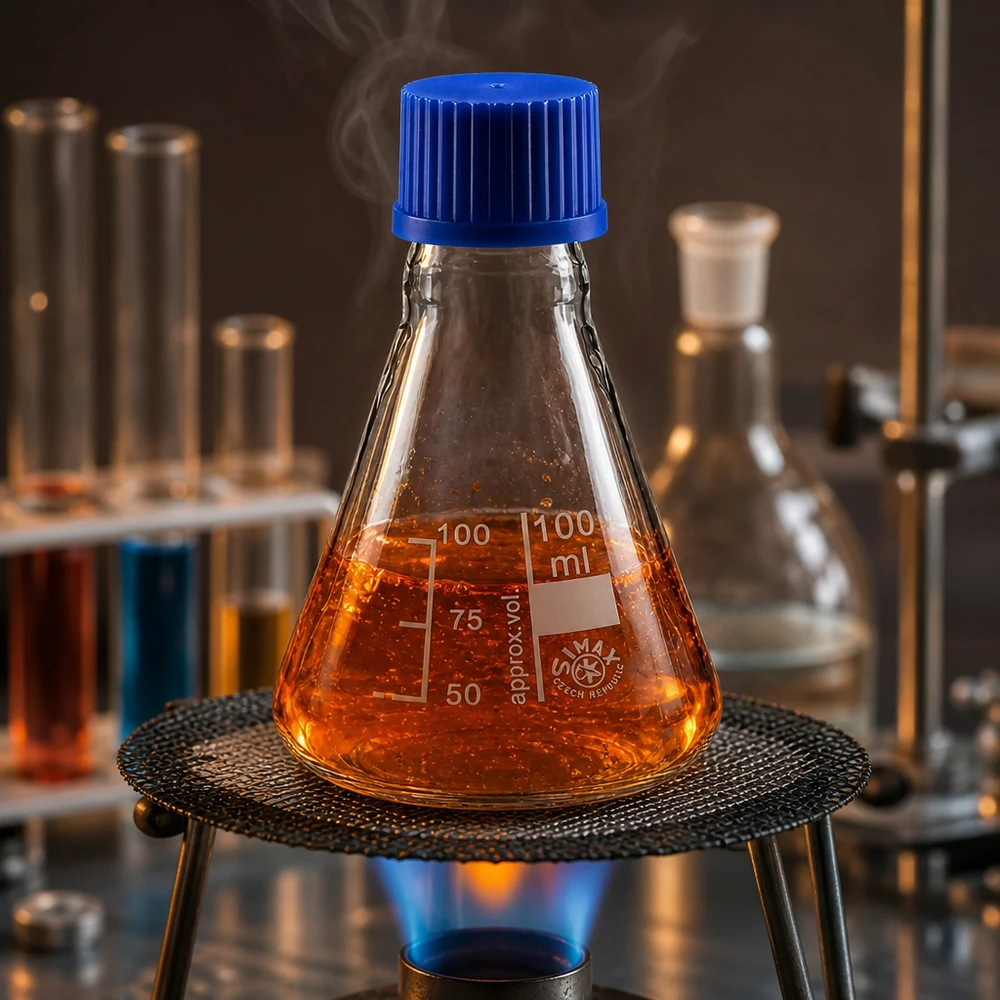 Kolba Erlenmeyera 100 ml z zakrętką Żaroodporna kolba Erlenmeyera o pojemności 100 ml z niebieską zakrętką do procesów ogrzewania