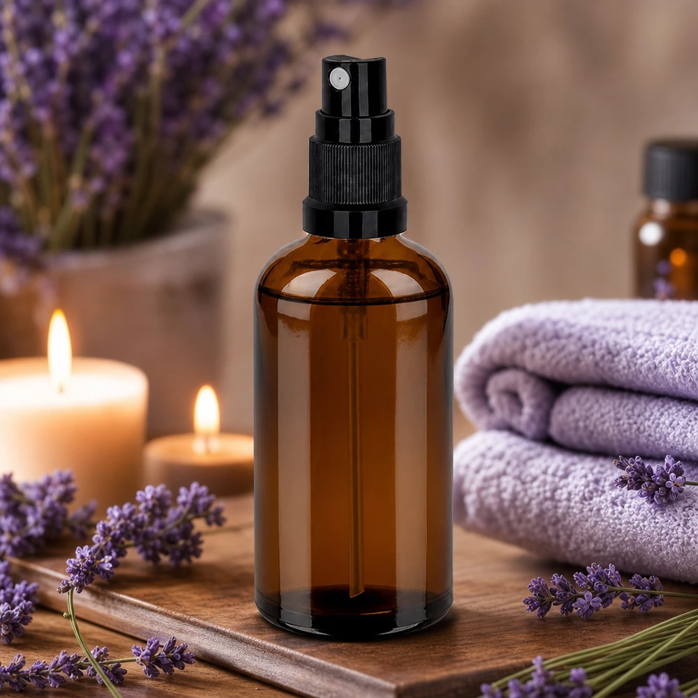 100 ml butelka ze spryskiwaczem czarna STD BrownLine UT18/100 Brązowa szklana butelka z rozpylaczem 100 ml z solidną czarną pompką do aromaterapii i odnowy biologicznej
