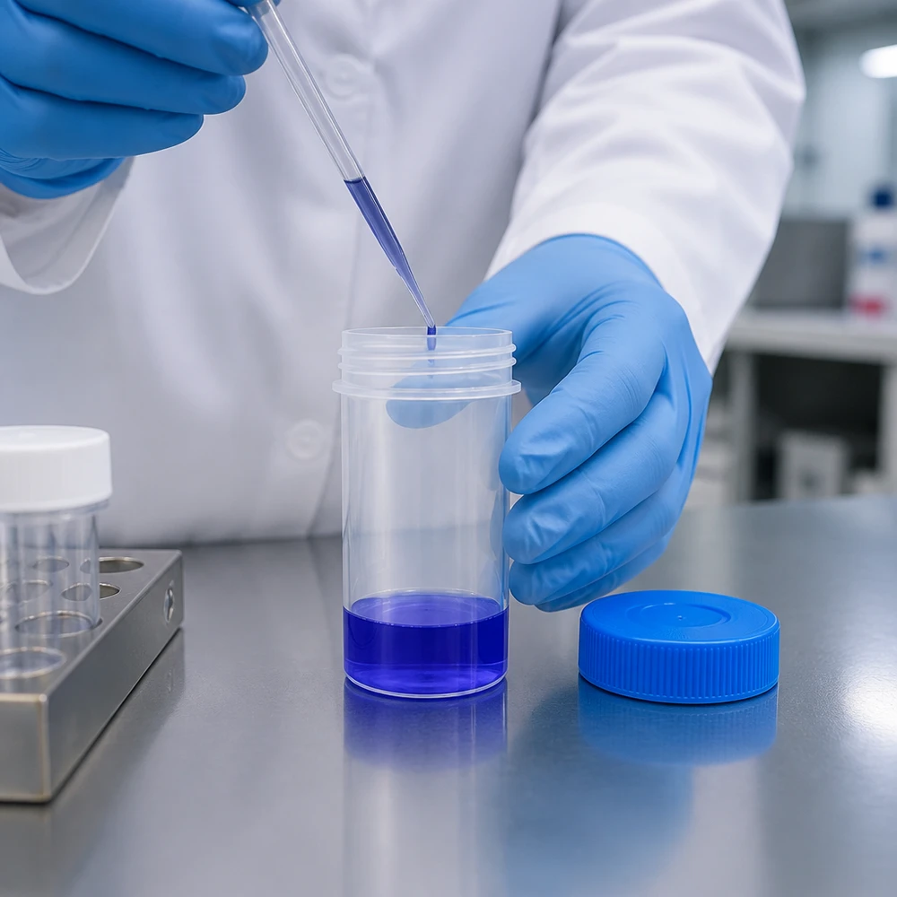 Sterylny pojemnik z szeroką szyjką o pojemności 50 ml, wykonany z przezroczystego polipropylenu, z niebieską zakrętką, przeznaczony do próbek laboratoryjnych