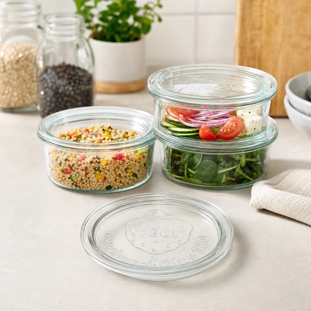 Szklana pokrywka WECK RR120 WECK Glasdeckel RR120 in moderner Küche mit gefüllten Vorratsgläsern für Salat Quinoa und frische Zutaten