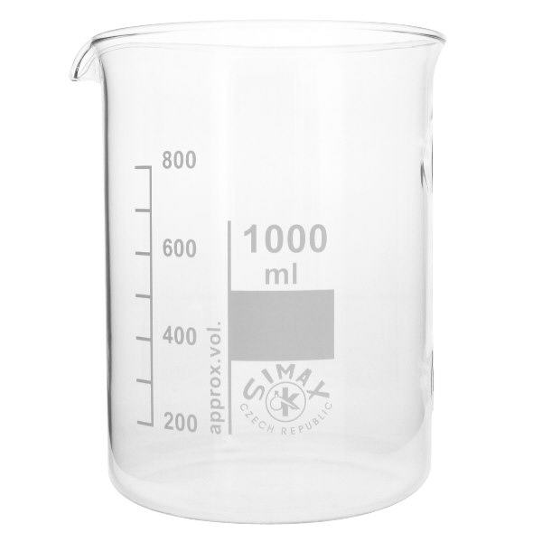 Zlewka 1000 ml ze szkła borokrzemowego, niski kształt Zlewka 1000 ml wykonana z wysokiej jakości szkła borokrzemowego z precyzyjnymi oznaczeniami pomiarowymi do użytku laboratoryjnego