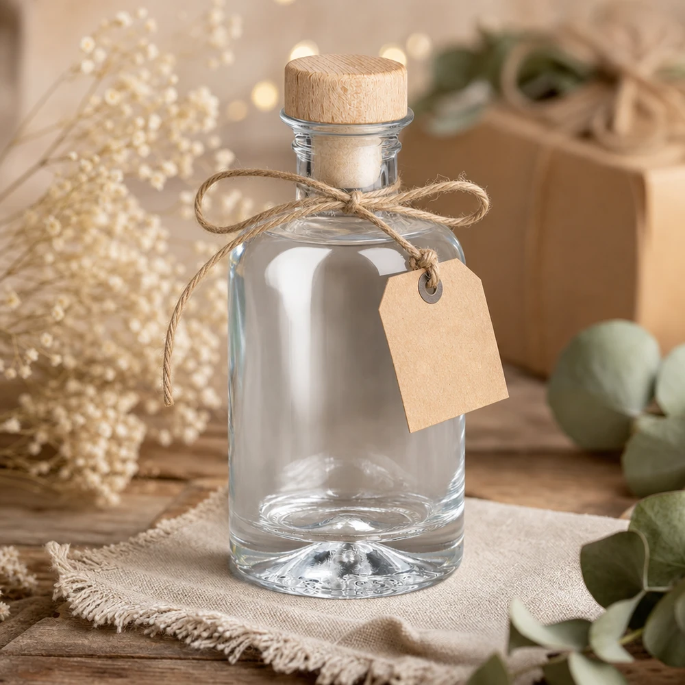 100 ml szklana butelka Sofia z drewnianym korkiem pusta na prezent z papierową przywieszką i rustykalną dekoracją z jutowej wstążki