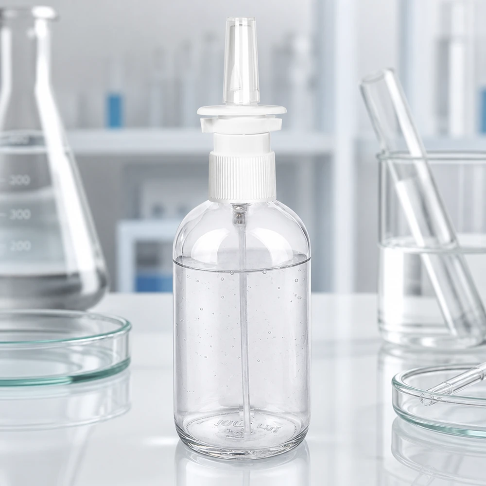 100 ml butelka z atomizerem do nosa z przezroczystym dozownikiem STD ClearLine UT18/100 Butelka z atomizerem ClearLine o pojemności 100 ml w laboratorium wraz z kolbą Erlenmeyera i szalkami Petriego