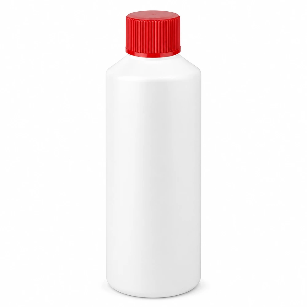 Biała butelka apteczna z HDPE o pojemności 100 ml z czerwoną zakrętką, wykonana z wysokiej jakości tworzywa sztucznego