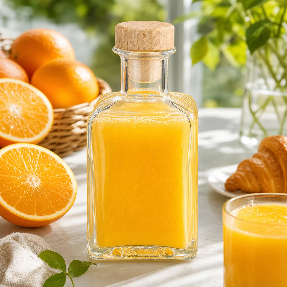 200ml szklana butelka Clara wypełniona sokiem pomarańczowym drewniany korek dekoracja kuchnia świeże pomarańcze stylizacja śniadaniowa