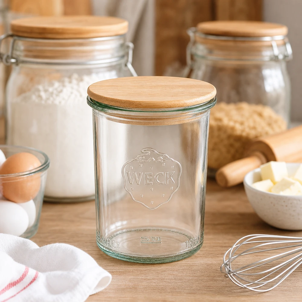 Kubki WECK RR60 o pojemności 160 ml z drewnianą pokrywką Słoik WECK 160ml RR60 z drewnianą pokrywką w rustykalnej kuchni między składnikami do pieczenia i przyborami kuchennymi
