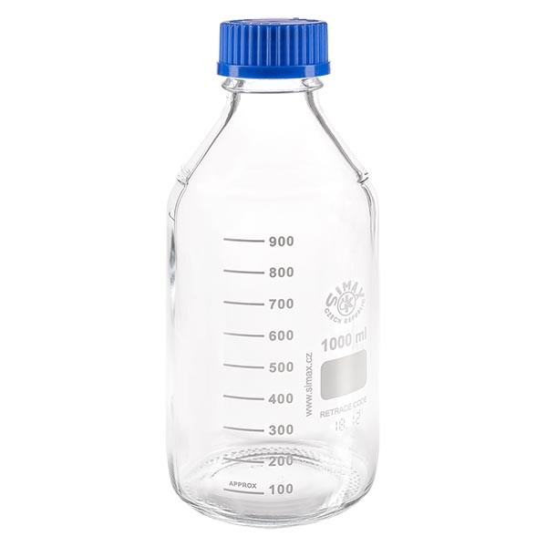Butelka laboratoryjna gwintowana 1000 ml z zakrętką, borokrzemianowa Butelka laboratoryjna gwintowana 1000 ml z zakrętką, borokrzemianowa