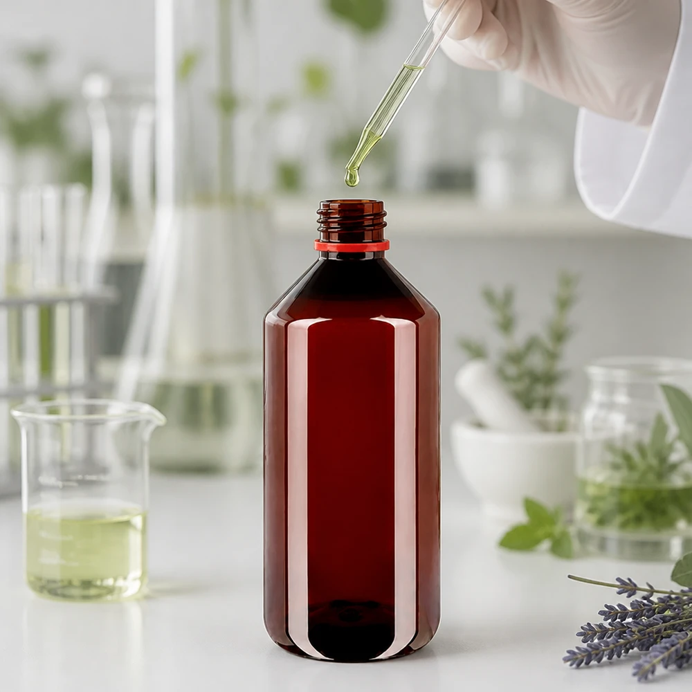 Butelka PET 1000 ml z białą/czerwoną nakrętką OV Brązowa butelka PET o pojemności 1 litra z oryginalnym czerwonym zamknięciem w środowisku laboratoryjnym wraz z pipetą
