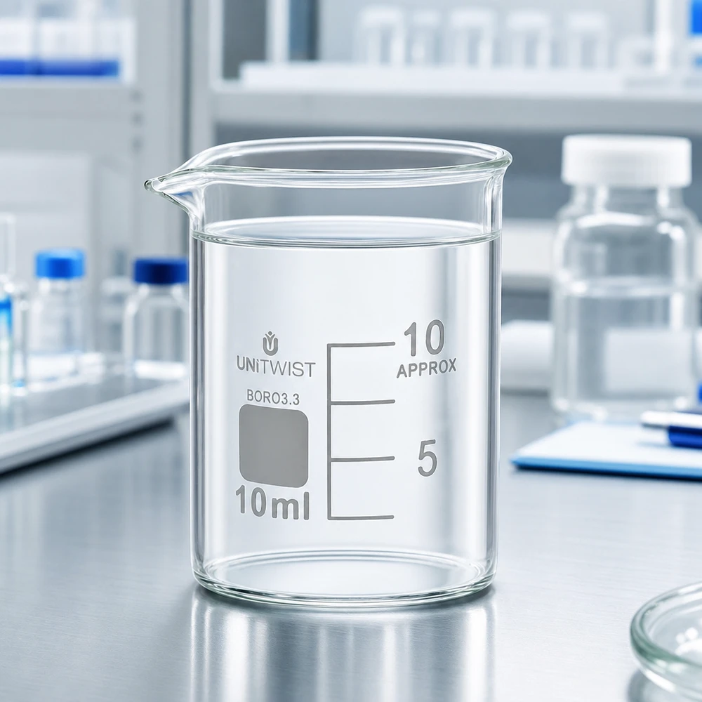 Zlewka 10 ml borokrzemianowa, niska forma UNiTWIST Szklanka UNiTWIST o pojemności 10 ml, o niskim profilu, z wylewką i podziałką na powierzchni ze stali nierdzewnej, przeznaczona do użytku laboratoryjnego