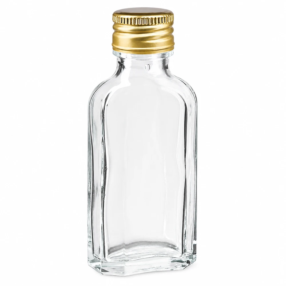 50 ml Meplat przezroczysty z aluminiowym kapslem złoty PP22 Przezroczysta butelka Meplat o pojemności 50 ml ze złotym aluminiowym zamknięciem PP22 do alkoholi wysokoprocentowych i likierów