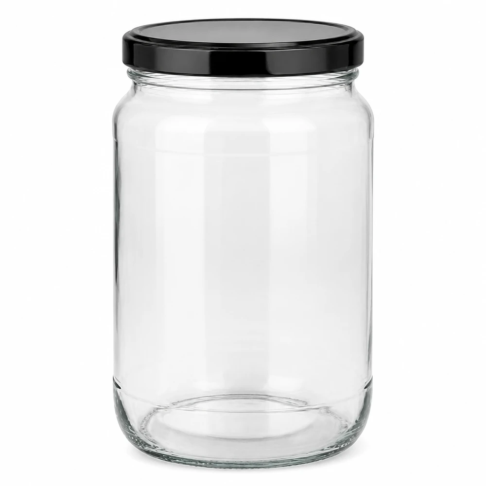 Okrągły słoik 1700 ml z czarną pokrywką BasicSeal Szklany słoik z certyfikatem UN do przechowywania przetworów
