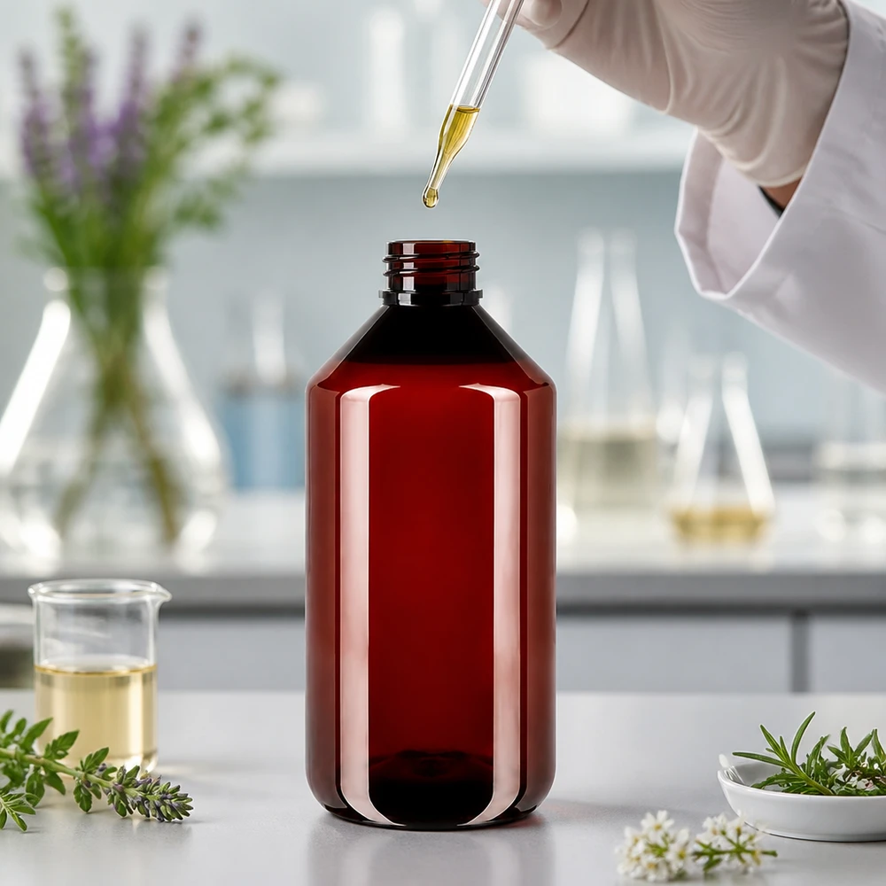 Brązowa butelka PET o pojemności 750 ml z korkiem odgazowującym w warunkach laboratoryjnych z pipetą
