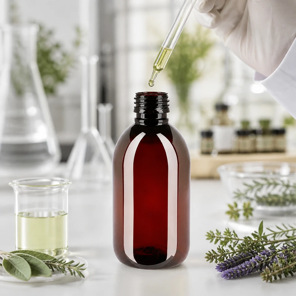 Butelka PET 250ml PP28 bez zakrętki Brązowa butelka PET o pojemności 250 ml, model PP28, w zestawie z pipetą i ziołami do olejków eterycznych